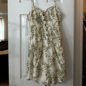 Lulu's Floral Button-Down Romper in Green and Cream